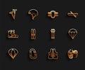 Set line Parachute, Carabiner, Pegs for tents, Life jacket, Bicycle trick, Ski and sticks, and poles icon. Vector