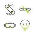 Set line Parachute, Ski goggles, Rafting boat and Skateboard trick icon. Vector