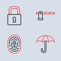 Set line Parking car barrier, Fingerprint, Umbrella and Lock icon. Vector