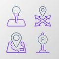 Set line Parking, Folded map with location marker, Location and Push pin icon. Vector