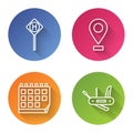 Set line Parking, Location, Calendar and Swiss army knife. Color circle button. Vector