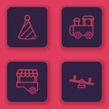 Set line Party hat, Fast street food cart, Toy train and Seesaw. Blue square button. Vector Royalty Free Stock Photo