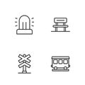 Set line Passenger train cars, Railroad crossing, Flasher siren and Waiting hall icon. Vector