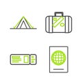 Set line Passport with biometric data, Travel ticket, Suitcase for travel and stickers and Tourist tent icon. Vector Royalty Free Stock Photo