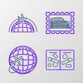Set line Passport pages with visa stamps, Globe flying plane, Postal and Coliseum and icon. Vector