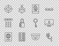 Set line Passport, Security camera, Fingerprint, Server, Data, Web Hosting, Target, Safe combination lock, Motion sensor Royalty Free Stock Photo