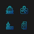 Set line Passport with ticket, Airport control tower, Conveyor belt suitcase and Suitcase. Gradient color icons. Vector