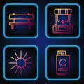 Set line Passport with ticket, Sun, Bench and Hiking backpack. Gradient color icons. Vector