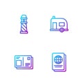 Set line Passport, with visa stamp, Lighthouse and Rv Camping trailer. Gradient color icons. Vector