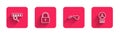 Set line Password protection, Lock, Broken key and Create account screen with long shadow. Red square button. Vector Royalty Free Stock Photo