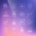 Set line Password protection, Lock and key, Bezier curve, Monitor with password, Mobile eye scan, Server VPN and Smart Royalty Free Stock Photo