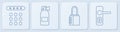 Set line Password protection, Safe combination lock, Fire extinguisher and Door handle. White square button. Vector