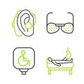 Set line Patient with broken leg, Disabled wheelchair, Blind glasses and Hearing aid icon. Vector