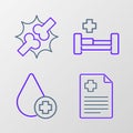 Set line Patient record, Donate drop blood, Hospital bed and Joint pain, knee pain icon. Vector