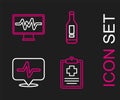 Set line Patient record, Heart rate, Digital thermometer and Monitor with cardiogram icon. Vector