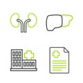 Set line Patient record, Hospital building, Human organ liver and kidneys icon. Vector