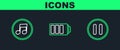 Set line Pause button, Music note, tone and Battery charge level indicator icon. Vector Royalty Free Stock Photo