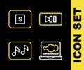 Set line Pause button, Sound or audio recorder, Music note, tone and Stop media icon. Vector