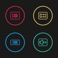 Set line Pause button, Speaker mute, Rewind and Music or video settings icon. Vector