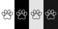 Set line Paw print icon isolated on black and white, transparent background. Dog or cat paw print. Animal track. Vector Royalty Free Stock Photo