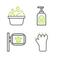 Set line Paw print, Pet grooming, shampoo and Pets bath icon. Vector Royalty Free Stock Photo