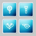 Set line Paw search, Flashlight, Slingshot and Whistle icon. Vector