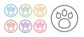 Set line Paw search icon isolated on white background. Magnifying glass with animal footprints. Set icons colorful