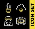 Set line Peace cloud, Retro audio cassette tape, Hippie girl and Cactus icon. Vector