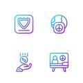 Set line Peace, Coins on hand - minimal wage, Shield and International day of peace. Gradient color icons. Vector