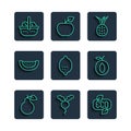 Set line Pear, Radish, Leaf Eco symbol, Pineapple, Lemon, Watermelon, Basket and food and Plum fruit icon. Vector