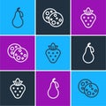 Set line Pear, Strawberry and Cookie with chocolate icon. Vector