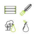 Set line Pear, Tree with pears, Gardening handmade scissors for trimming and Wooden box icon. Vector