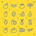 Set line Peas, Asparagus, Avocado, Tomato, Garlic, Bell pepper, Apple and Banana icon. Vector