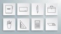 Set line Pencil case stationery, Chalkboard, Triangular ruler, Calculator, Eraser rubber, Briefcase and Notebook icon Royalty Free Stock Photo