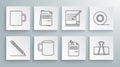 Set line Pencil with eraser and line, File document, Coffee cup flat, Note paper pinned pushbutton, Binder clip, Blank Royalty Free Stock Photo