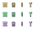 Set line Pencil with eraser, Roof tile, Chimney and Hammer icon. Vector Royalty Free Stock Photo