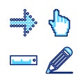 Set line Pencil and line, Ruler, Pixel hand cursor and Dots arrow icon. Vector Royalty Free Stock Photo