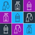 Set line Penis pump, Condom safe sex and Personal lubricant icon. Vector Royalty Free Stock Photo