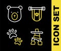 Set line Pennant Canada, Inukshuk, Paw print and Bear head icon. Vector