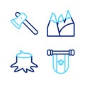 Set line Pennant Canada, Tree stump, Mountains and Wooden axe icon. Vector