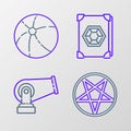 Set line Pentagram in a circle, Cannon, Ancient magic book and Beach ball icon. Vector