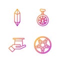 Set line Pentagram in a circle, Magician hat in hand, Magic stone and Unicycle or one wheel bicycle. Gradient color