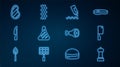 Set line Pepper, Meat chopper, Sauce bottle, Steak meat, Barbecue knife, Chicken leg and Bacon stripe icon. Vector