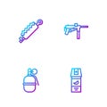 Set line Pepper spray, Hand grenade, Trap hunting and Submachine gun M3. Gradient color icons. Vector