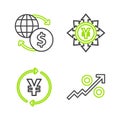 Set line Percent up arrow, Coin money with Yen, and Money exchange icon. Vector