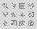 Set line Percent up arrow, Digital speed meter, Pie chart infographic, Unknown search, Many ways directional