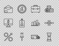 Set line Percent up arrow, Old hourglass with flowing sand, Briefcase, Push pin, Envelope, Identification badge, coin