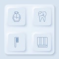 Set line Perfume, Broken tooth, Hairbrush and Towel stack. White square button. Vector