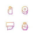 Set line Perfume, Paper towel dispenser on wall, Rubber gloves and Toilet paper roll. Gradient color icons. Vector