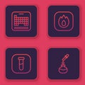 Set line Periodic table, Test tube and flask, Fire flame and . Blue square button. Vector